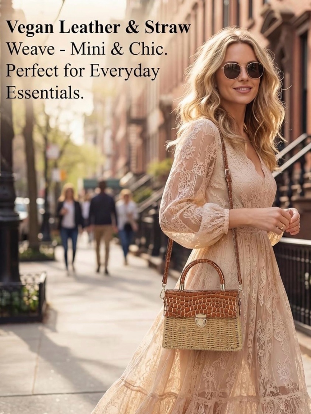 Vegan friendly faux croc crocodile leather rattan straw bohemian hand bag purse - Picture 2 of 7